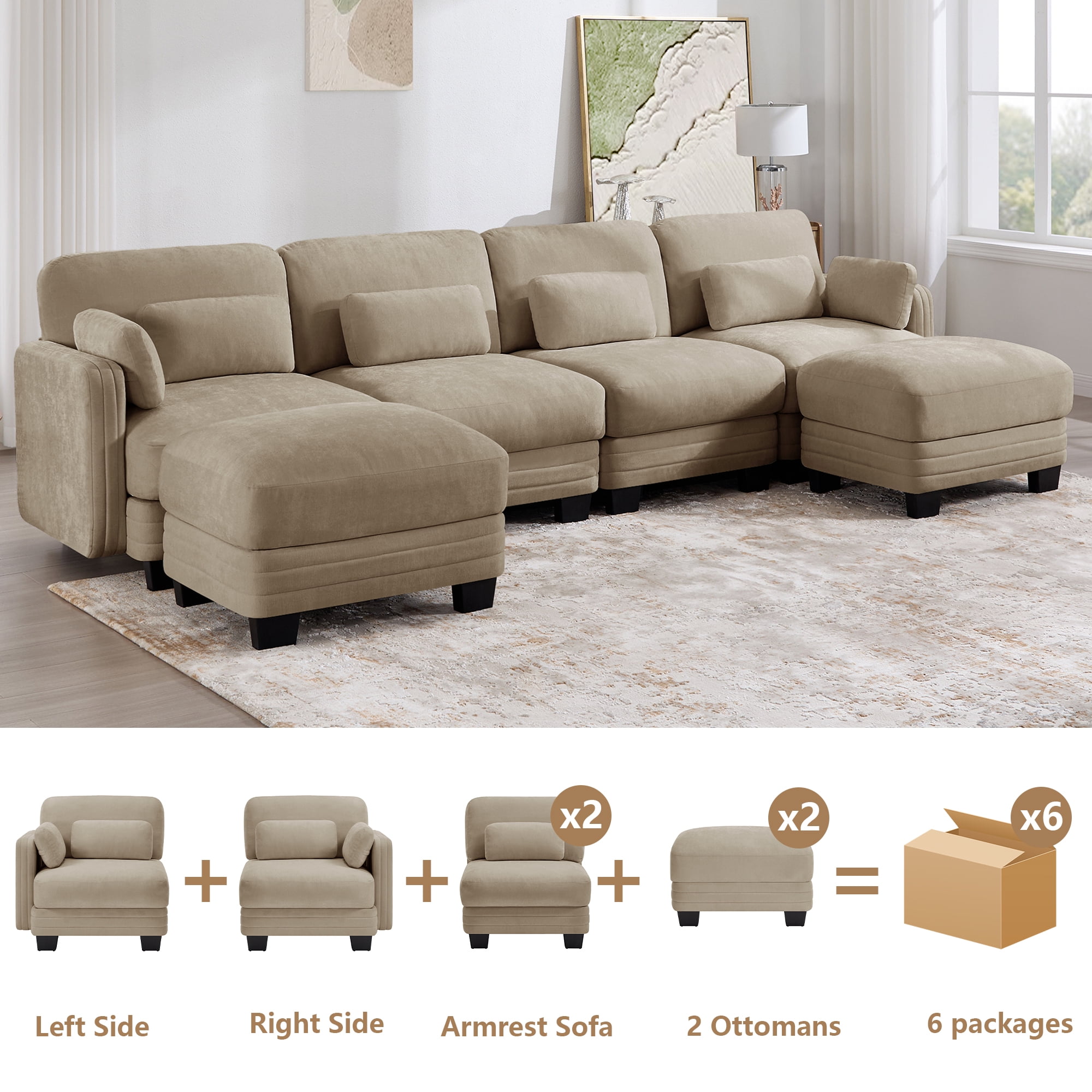 130" U-shaped Tufted Modern Modular Sectional 4 Seater Sofa Couch with 2 Ottomans and 6 Pillows