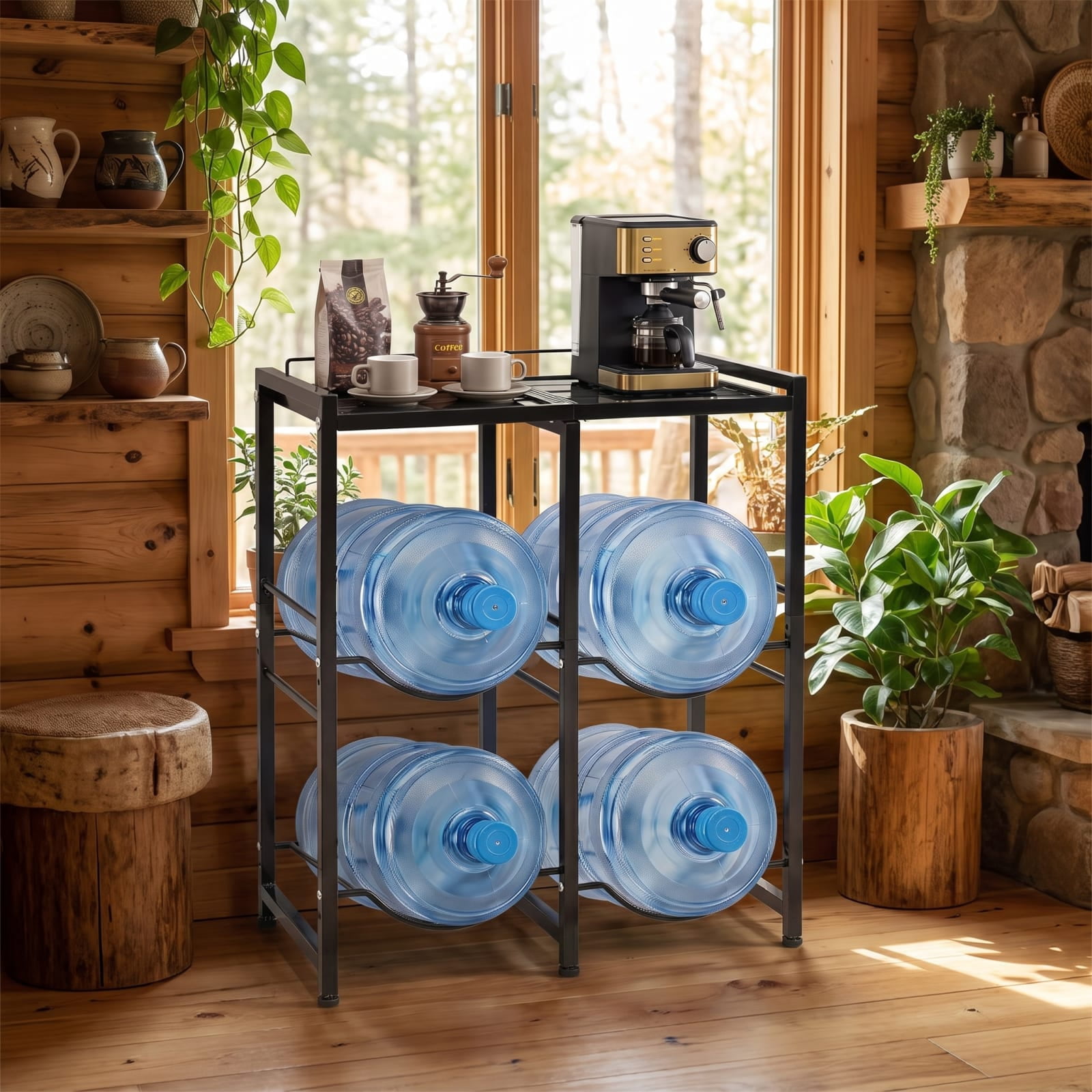 Biotree 5 Gallon Water Jug Holder for 4 Bottles with Storage Shelf, Black