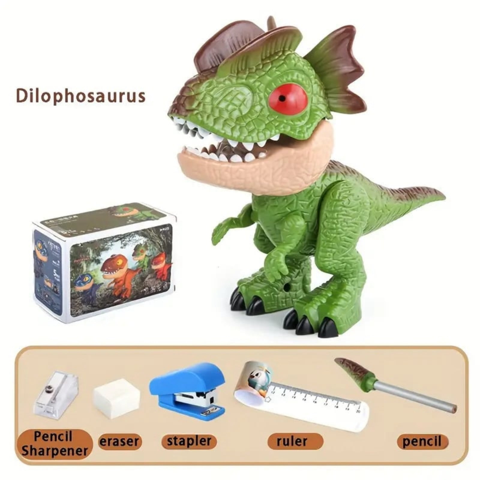 Papeterie Dinosaure 5 En 1 - Règle, Crayon, Taille-crayon, Agrafeuse, Gomme - Forme Jouet Dinosaure ABS - Cadeau école Primaire