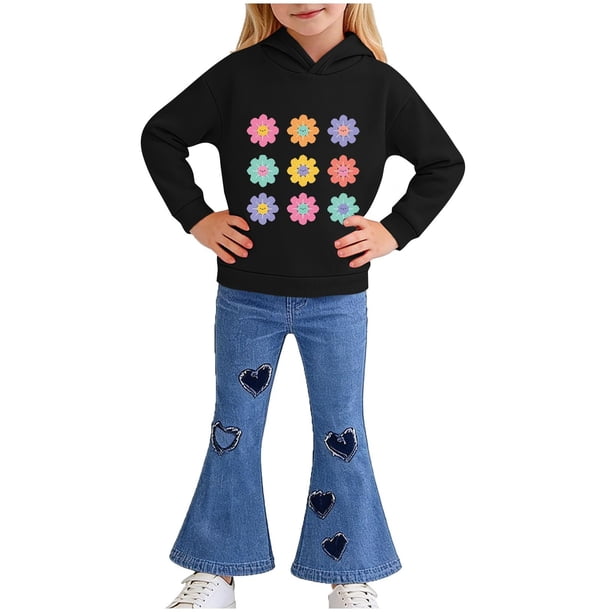 Conjunto de sudadera con capucha de manga larga para niños, estampado de patchwork, cuello redondo, manga larga y pantalones acampanados casuales con cintura elástica, conjunto relajado, conjunto de p