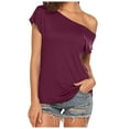 thumbnail image 2 of Dyfzdhu T Shirts for Women Casual Off Shoulder Summer Tee Solid Short Sleeve Slim Tunic Tops Red, 2 of 7