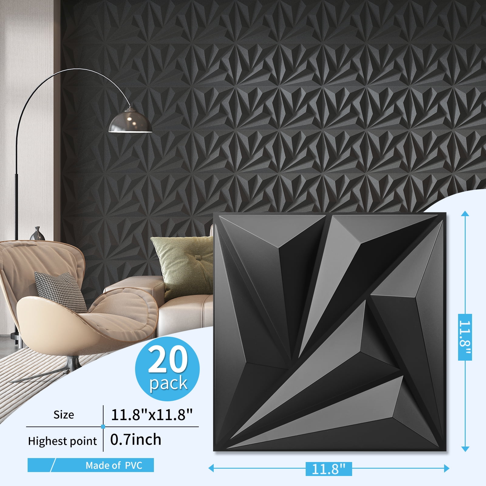 20PCS 11.8'' x 11.8'' 3D Wall Panels for Interior Wall Decor,Black Diamond Textured Accent PVC Wall Paneling for Gaming,Living Room,TV Wall Background,19.3sq.ft.