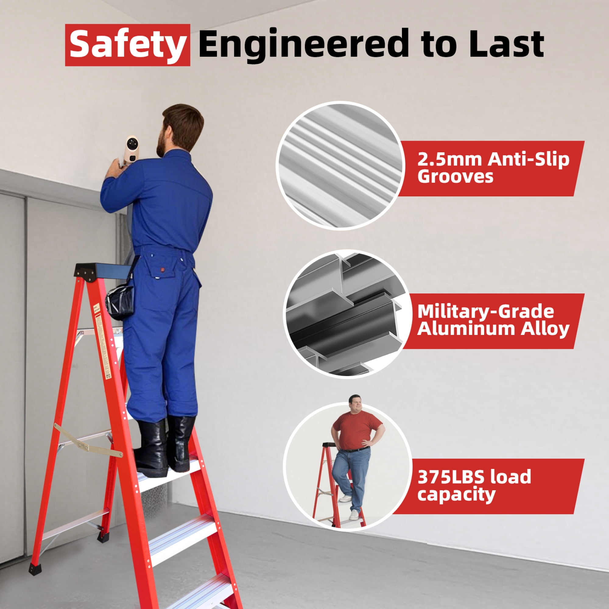 Leumius 5 Steps Fiberglass Ladder with a Load Capacity of 330 Pounds, Equipped with a Tool Tray for Electrical Engineering Ladder Structure Insulation Ladder Red