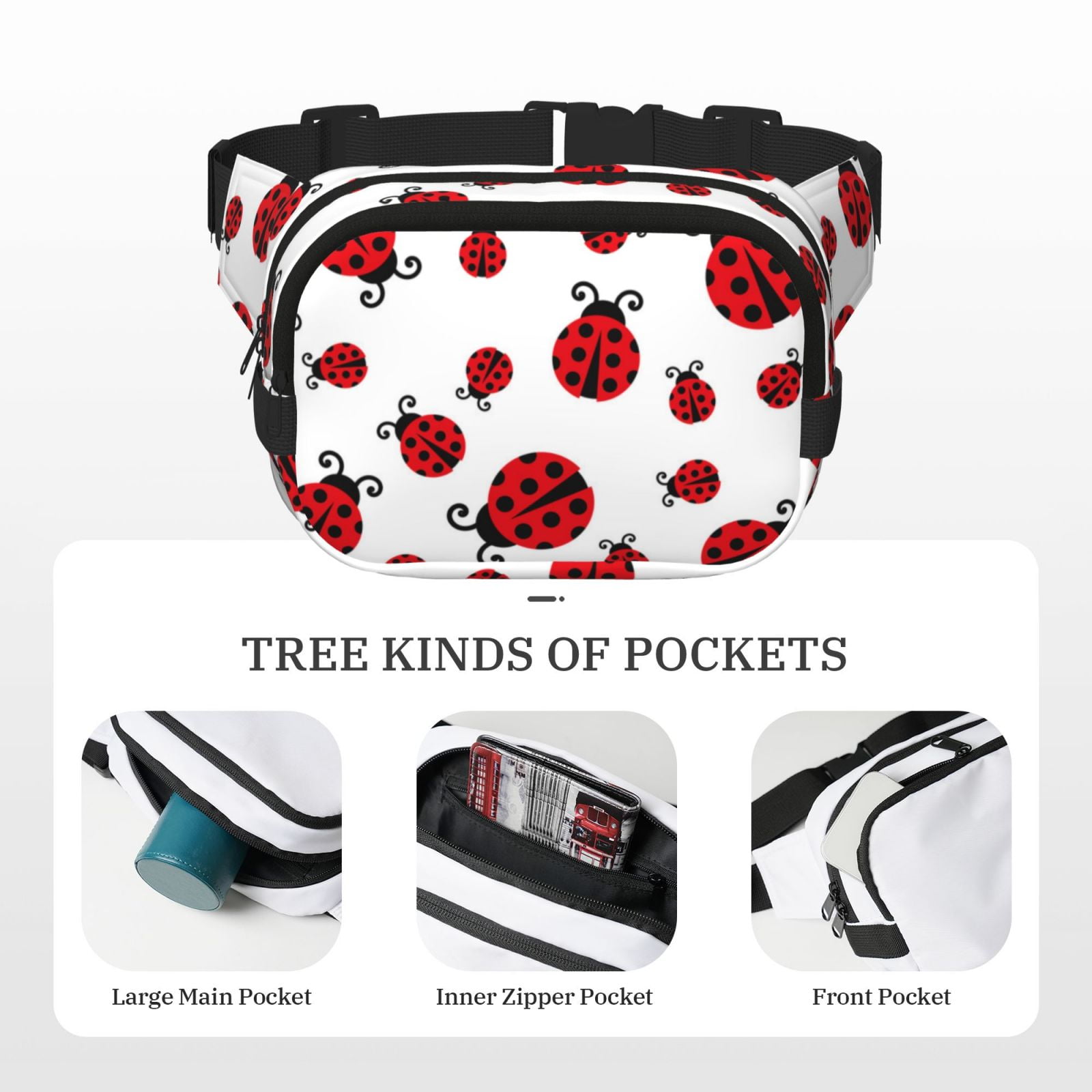 Hirioo Fly Flying Ladybug for Double Layer Waist Bag Adjustable Fanny Pack For Travel Running Hiking
