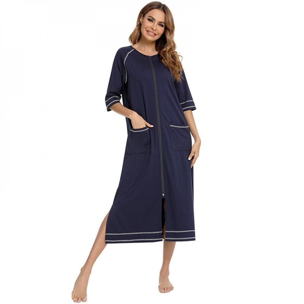 Women Zipper Robes Full Length Nightgowns Cotton Loose Housecoat Half ...