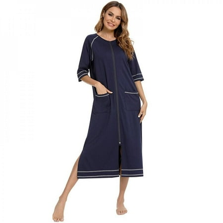 

Newway Women Pajamas Round Neck Nightgown Short-sleeved Zipper Pajamas Large Size Casual Nightdress S-XXL