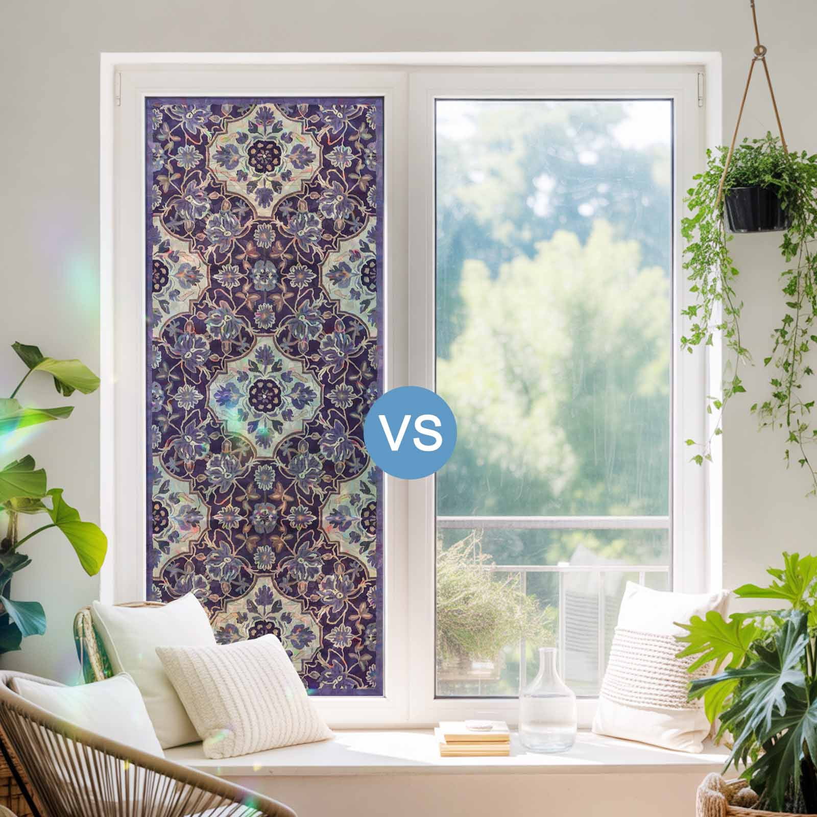 Purple Boho Window Privacy Film Stain Glass,Reusable Decorative Rainbow Window Film,Farmhouse Ethnic Abstract Floral Pattern Static Cling Sun Blocking Stickers Decals Covers 23.6" x 59" (2pcs)