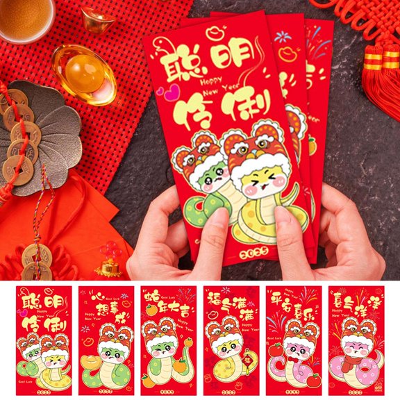 Chinese Red Envelopes, Lucky Money Envelopes 2025 Chinese New Year Snake Year Envelope Gold Foil, 6 Design Red Pocket Envelopes for Lunar Year Spring Festival Birthday Wedding Party