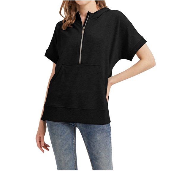 Bibifish Womens Half Zip Hoodies Batwing Short Sleeve Hooded Sweatshirts Kangaroo Pocket Pullover DDaily Wear Tops