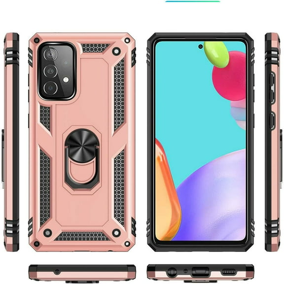 for Samsung Galaxy A72 5G Ring Stand Phone Case with Tempered Glass Magnet Mount Ready Slip Guard Grids Pattern Kickstand Hybrid Slim Shock Bumper Cover