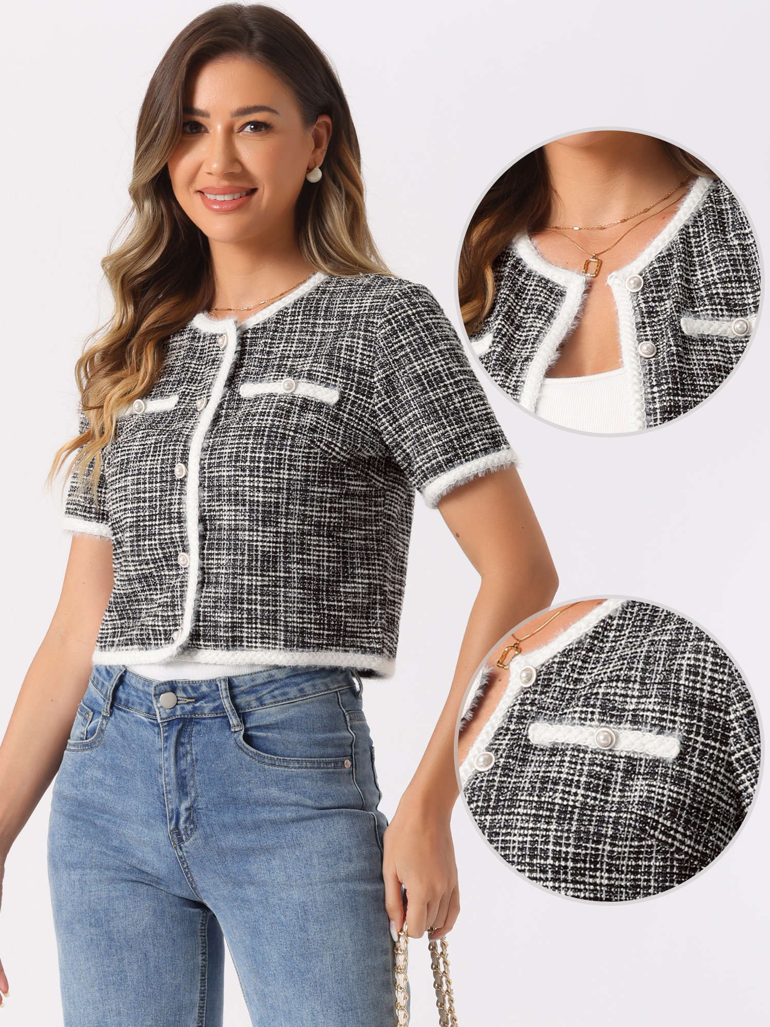 DARING DIVA Women's Short Sleeve Tweed Jacket Crew Neck Button Front Cropped Cardigan M Black