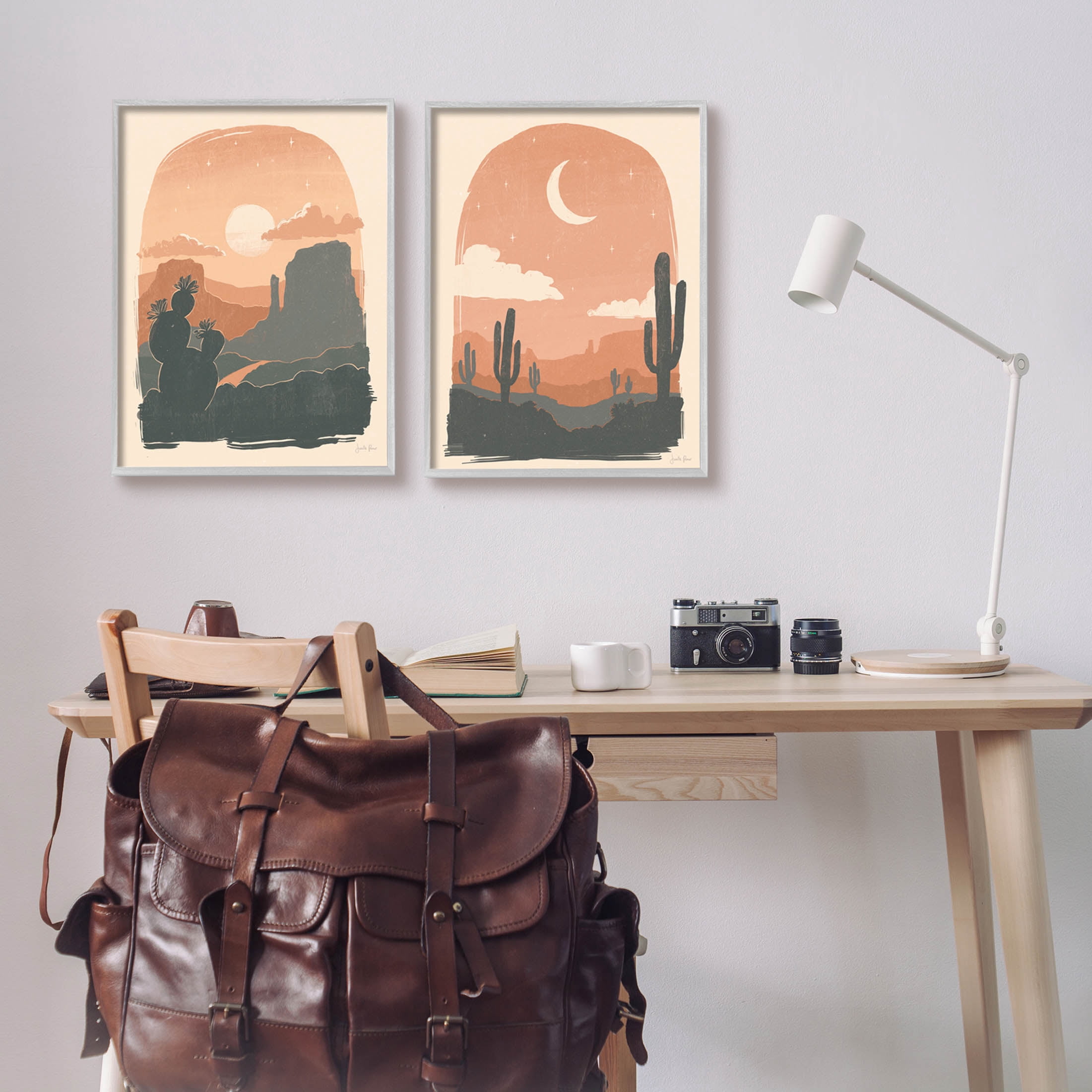 Stupell Industries Contemporary Desert Scene Silhouette Graphic Art Gray Framed Art Print Wall Art, Set of 2, Design by Janelle Penner