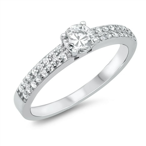 Clear CZ Round Center Double Row Ring Sterling Silver Size 8