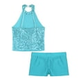 thumbnail image 6 of YEAHDOR Kids Girls Gymnastic Dance Outfit Halter Allover Sequins Tops with Gymnastics Workout Shorts Light Blue 6, 6 of 7