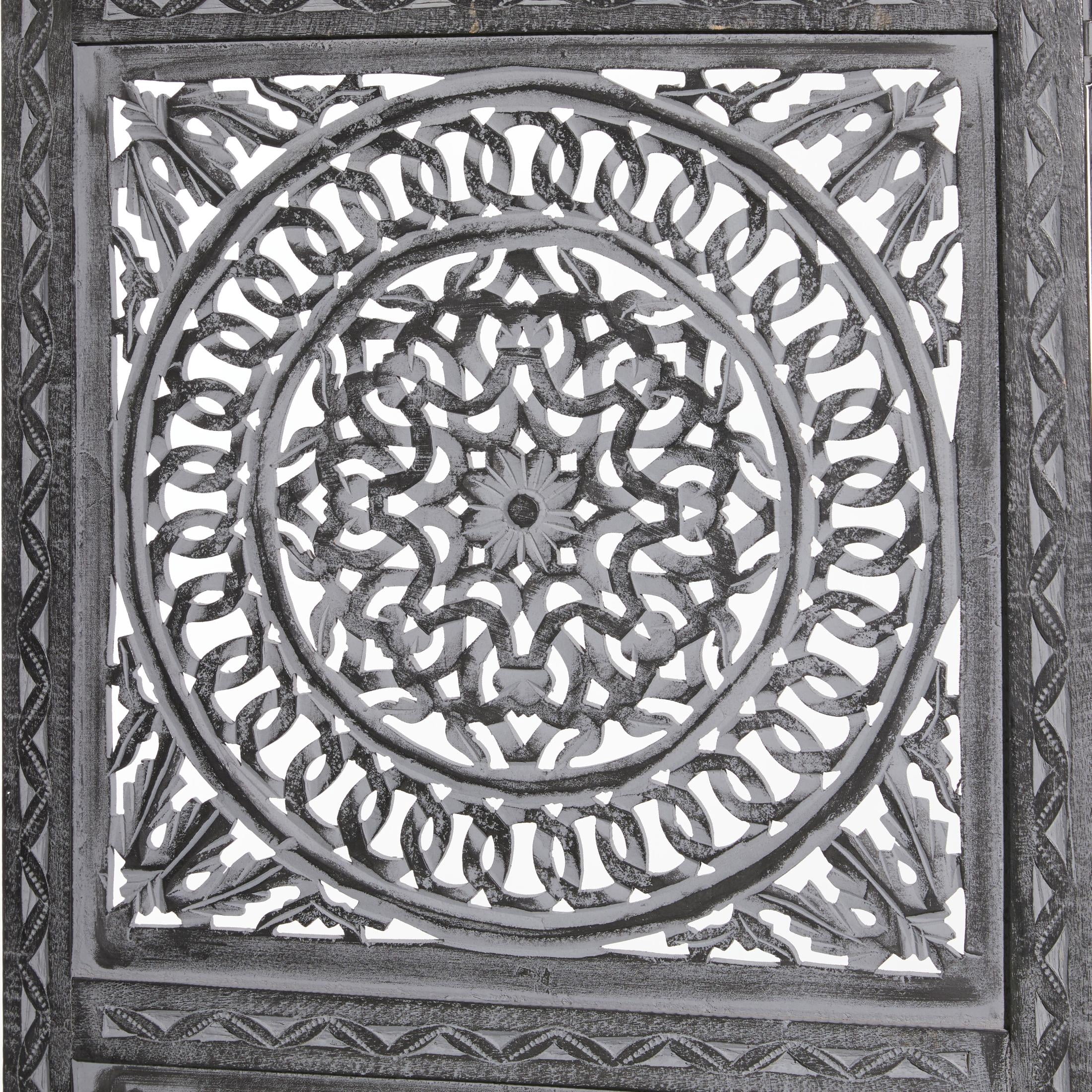 DecMode 60" x 72" Black Wood Floral Handmade Foldable Partition 3 Panel Room Divider Screen with Carved Designs, 1-Piece