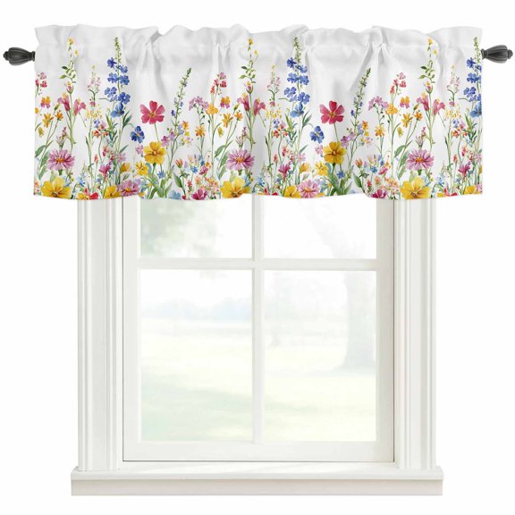 Colorful Flower Window Valance Curtain Farmhouse Floral Field Rod Pocket Valance for Windows Short Curtain for Living Room, Bedroom & Kitchen Window Decor 42x18in