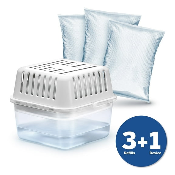 HUMYDRY® Moisture Absorber Kit – (1) 8.8 oz Refillable Dehumidifier   (3) Unscented Refills – Controls Moisture in Small Spaces up to 100 sq. ft – No Power Needed, Odorless & Compact