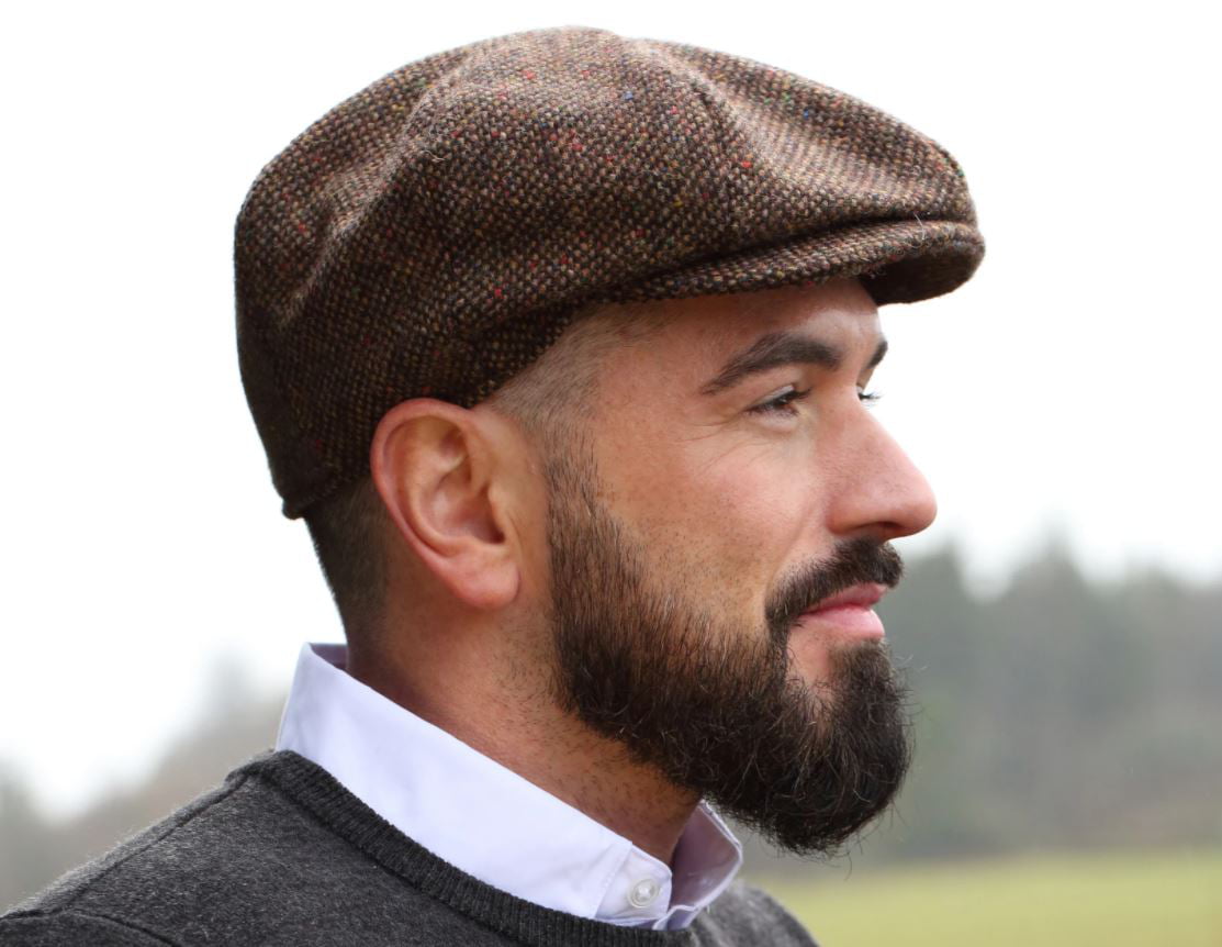 Hanna Hats Irish Newsboy Cap Donegal Tweed 8 Piece 100% Wool Hat for Men  Made in Ireland | Brown Fleck Salt & Pepper