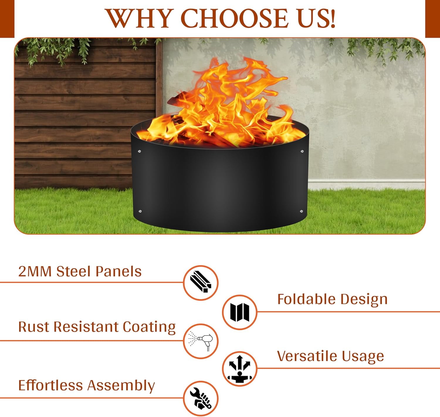 SIMOND STORE Portable Fire Pit Ring Liner, 48 Inch Diameter 12 Inch Height 2 mm Thick Heavy Duty Steel Round Fire Pit Insert for Outdoor Garden Patio Camping Bonfire