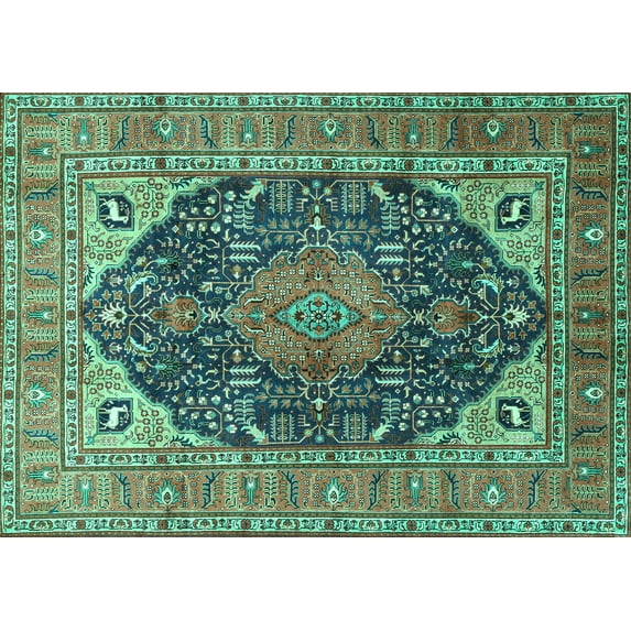Ahgly Company Machine Washable Indoor Rectangle Medallion Turquoise Blue Traditional Area Rugs, 7' x 10'