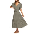 thumbnail image 2 of Bnwani Summer Maxi Dresses for Women,Dresses for Women,V-Neck,Drawstring,Short Sleeve,Flare,Army Green,L, 2 of 9