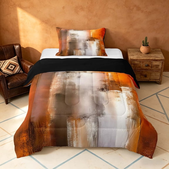 Manfei Abstract Oil Painting Twin Comforter Sets, Orange Brown Brushstroke Bedding Set, Orange Brown, Black Reversible 2 Pieces, 1 Comforter and 1 Pillowcase