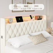 Hiphuta Queen Size Floating Upholstered Beds with LED Lights, Velvet Leather Sturdy Platform Bed with Charging Station & Button Tufted Headboard Storage, White