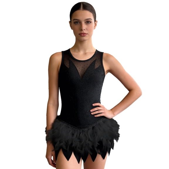 HULIJA Womens Ballet Leotards Rhinestones Sleevesless Fuzzy Feather Dance Dress Black XXL