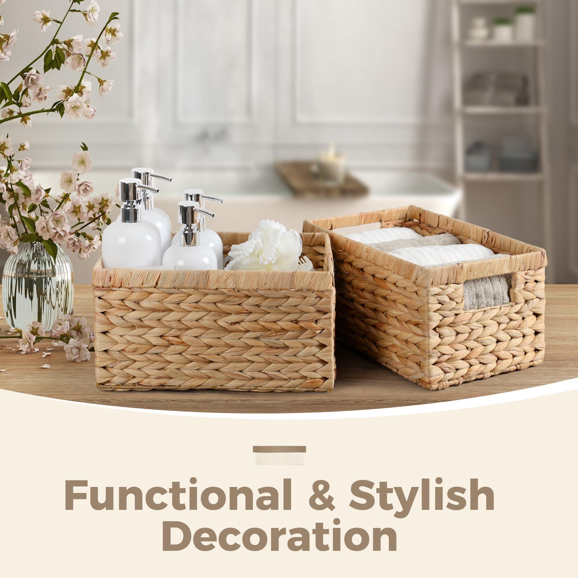 Woven Water Hyacinth Storage Baskets With Handles, Set of 2, Home Organization
