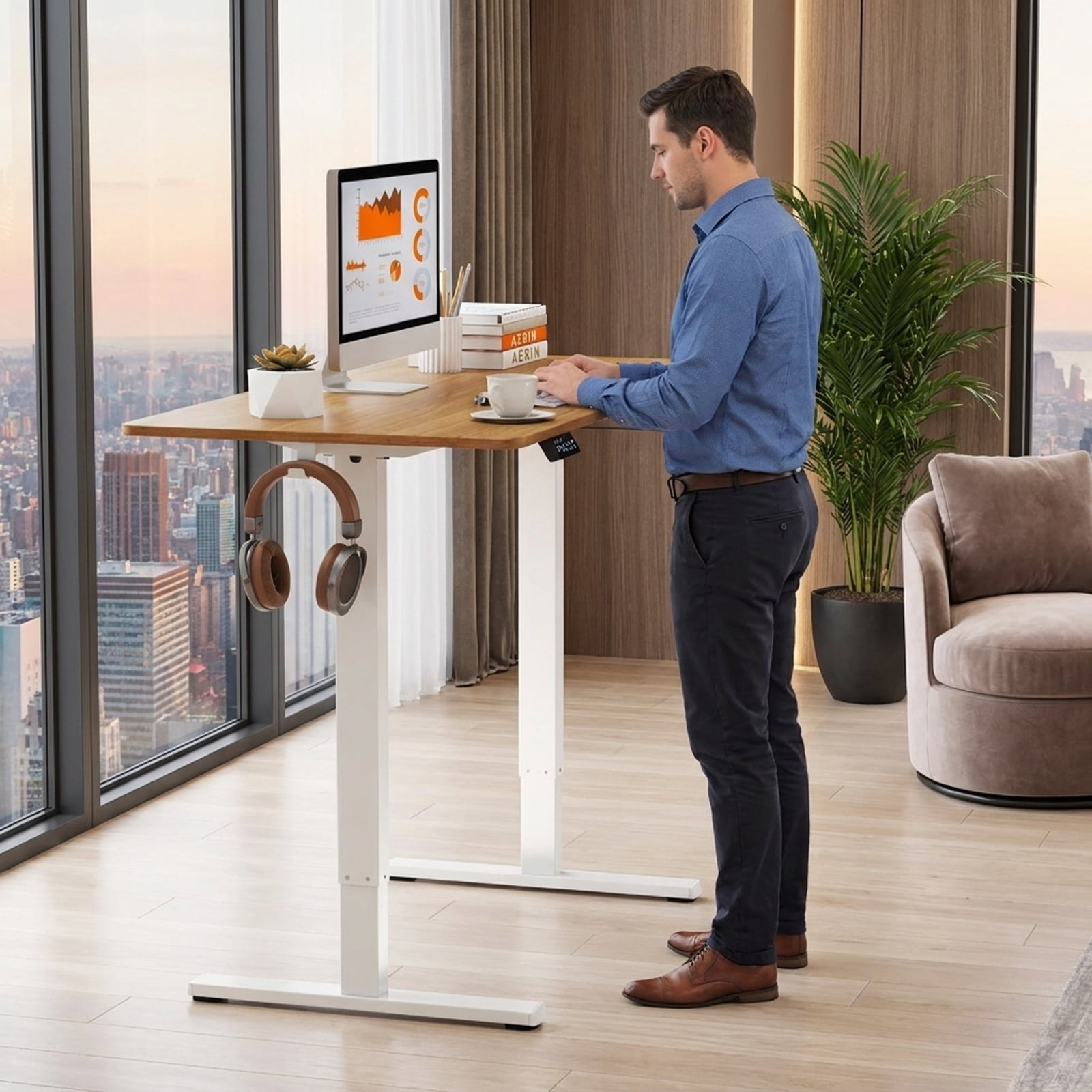Furnibear Electric Standing Desk Frame Height Adjustable Computer Desk Base with LED Display, White