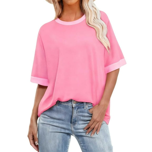 Khunlpohl S-5XL Womens Shirts Summer Basic Loose Tops Casual Short Sleeve Tshirts Round Neck Pullover Tee