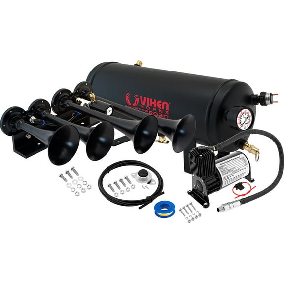 Vixen Horns Train Horn Kit for Trucks/Car/Semi. Complete Onboard System- 150psi Air Compressor, 1.5 Gallon Tank, 4 Trumpets. Super Loud dB. Fits Vehicles like Pickup/Jeep/RV/SUV 12v VXO8715B/4124B