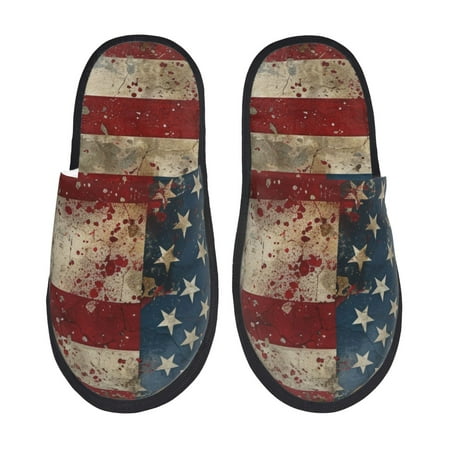 Balery American Flag1 Slient Indoor Furry Fleece Comfort House Shoes Soft Non-Slip Home Shoes Cotton slippers House Slippers-- Medium