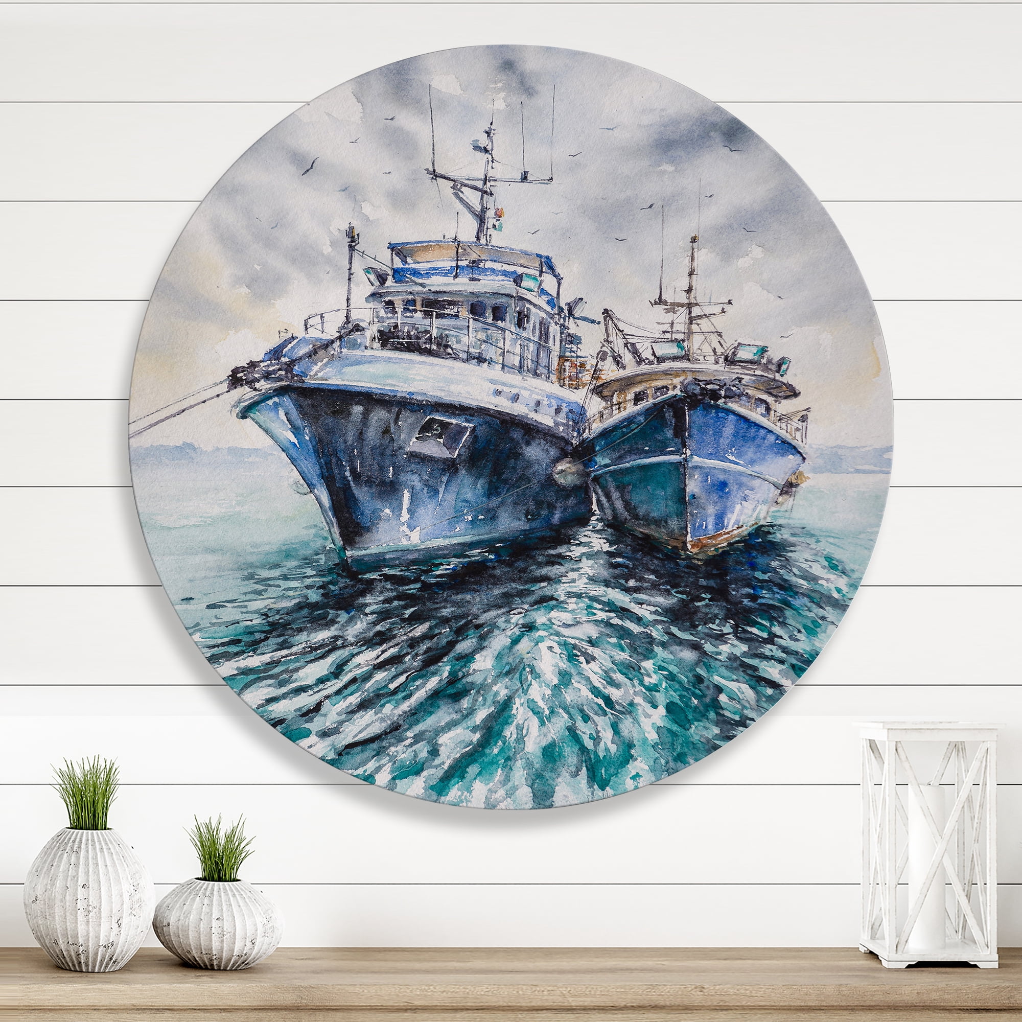 Designart 'Blue Fishing Boats Before A Storm Anchored' Nautical & Coastal Circle Metal Wall Art 23x23 - Disc of 23