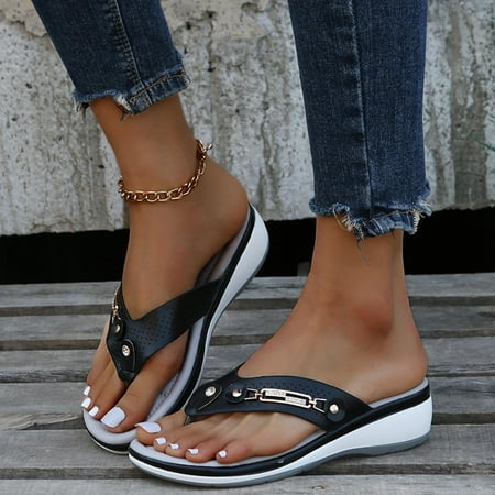 

PEONAVET Womens Wedge Flip Flops Sandals with Arch Support Summer Comfortable Platform Flat Shoes Hook Loop Adjustable Casual Thong Sandal - Summer Savings Clearance