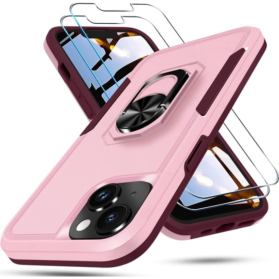 Metal Kickstand Case for iPhone 14,with Screen Protector Tempered Glass[2 Pack],Heavy Duty Shockproof Full Body Protective Phone Cover,Built in Rotatable Magnetic Ring Holder,2022 Cute Pink