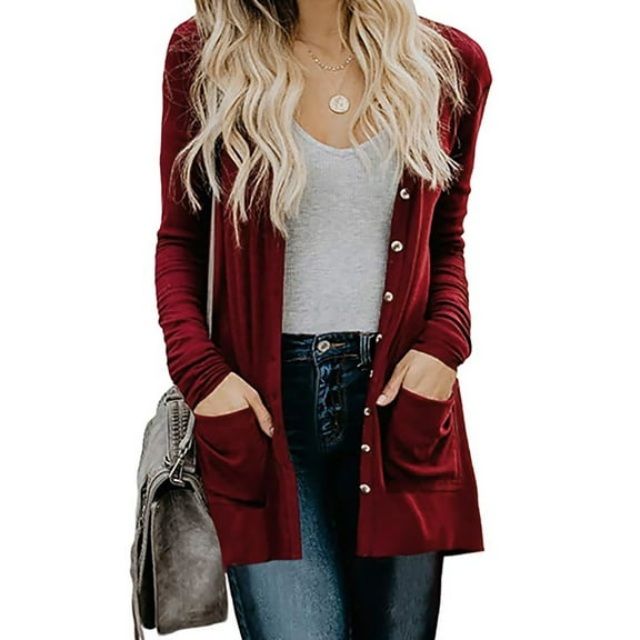 Fengqque Womens Ladies Cardigan Solid Long Sleeve Pocket Button Coat Outerwear