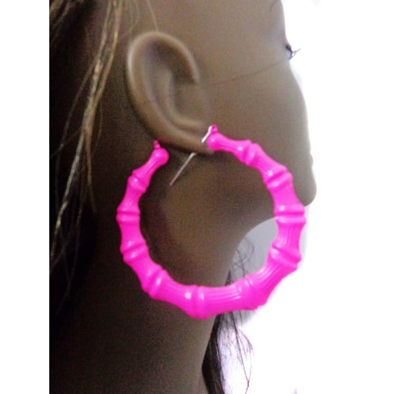 Large Hot Pink Bamboo Hoop Earrings 4 inch Hoops