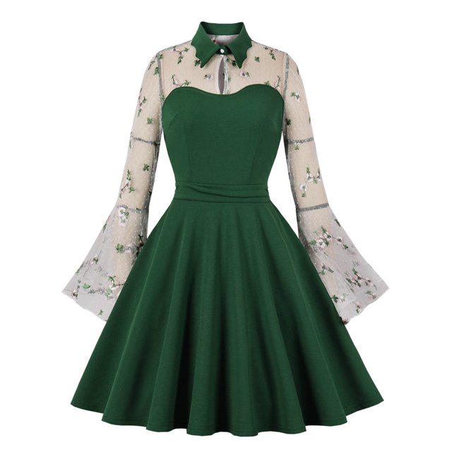Vestido de Midi femenino bordado con flores, malla transparente, manga de trompeta larga, vestido con letra a