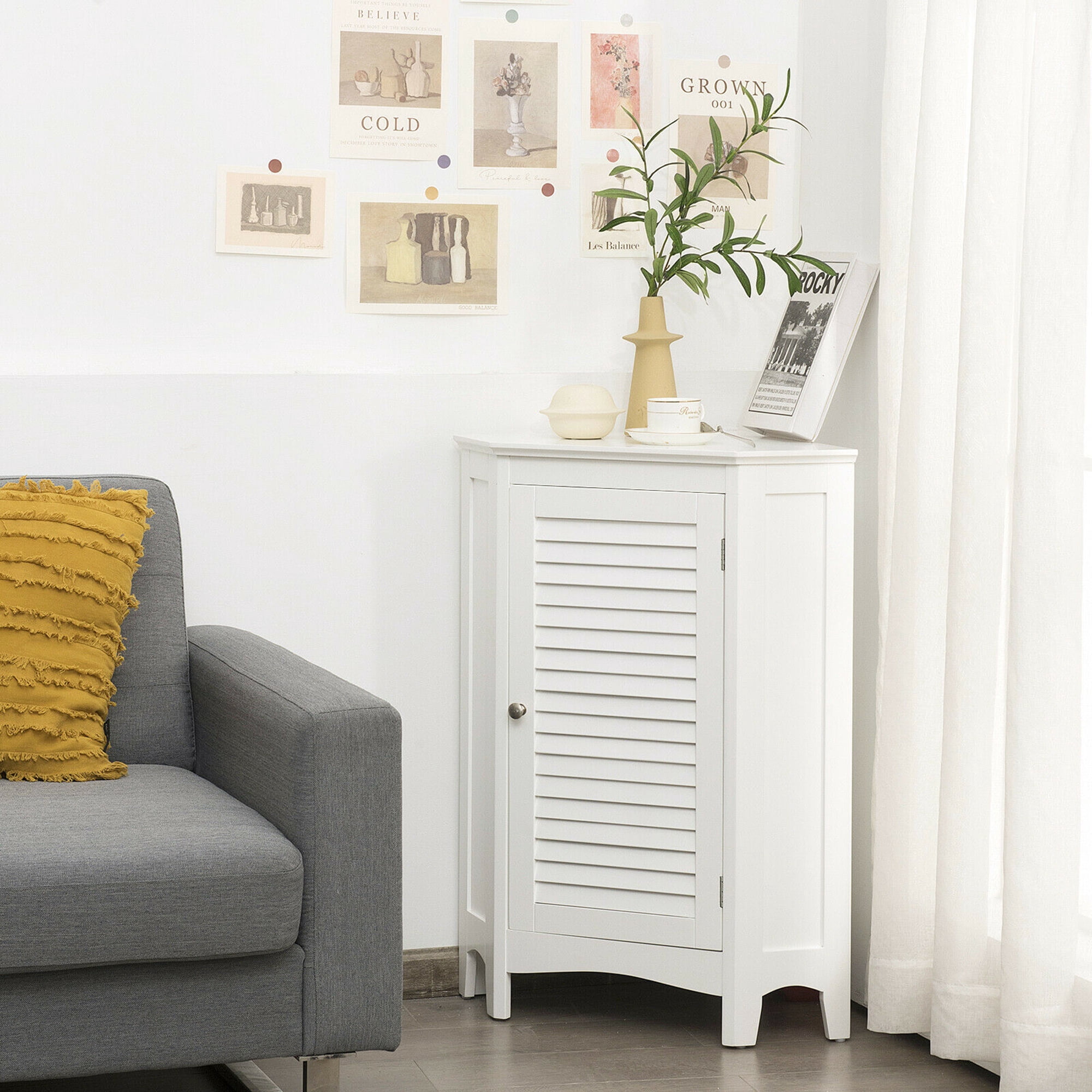 Gymax Corner Storage Cabinet Free Standing Bathroom Cabinet w/ Shutter Door