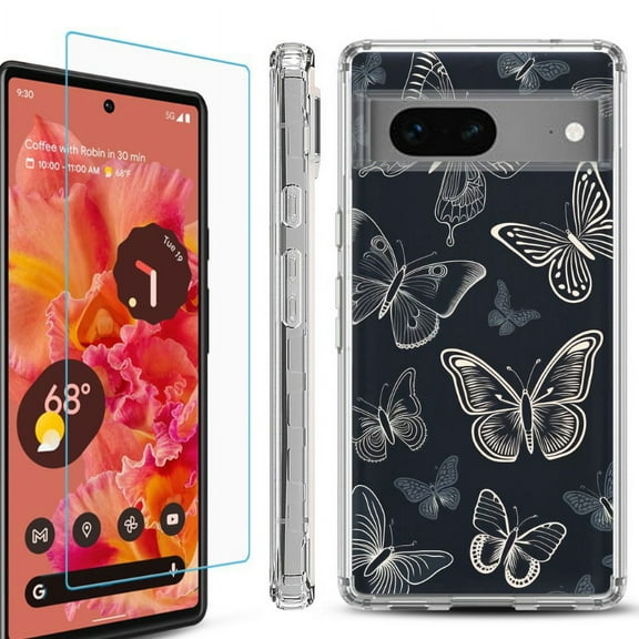 OneToughShield ® Compatible with Google Pixel 8, Shockproof Phone Case, with Tempered Glass Screen Protector - Butterfly BW