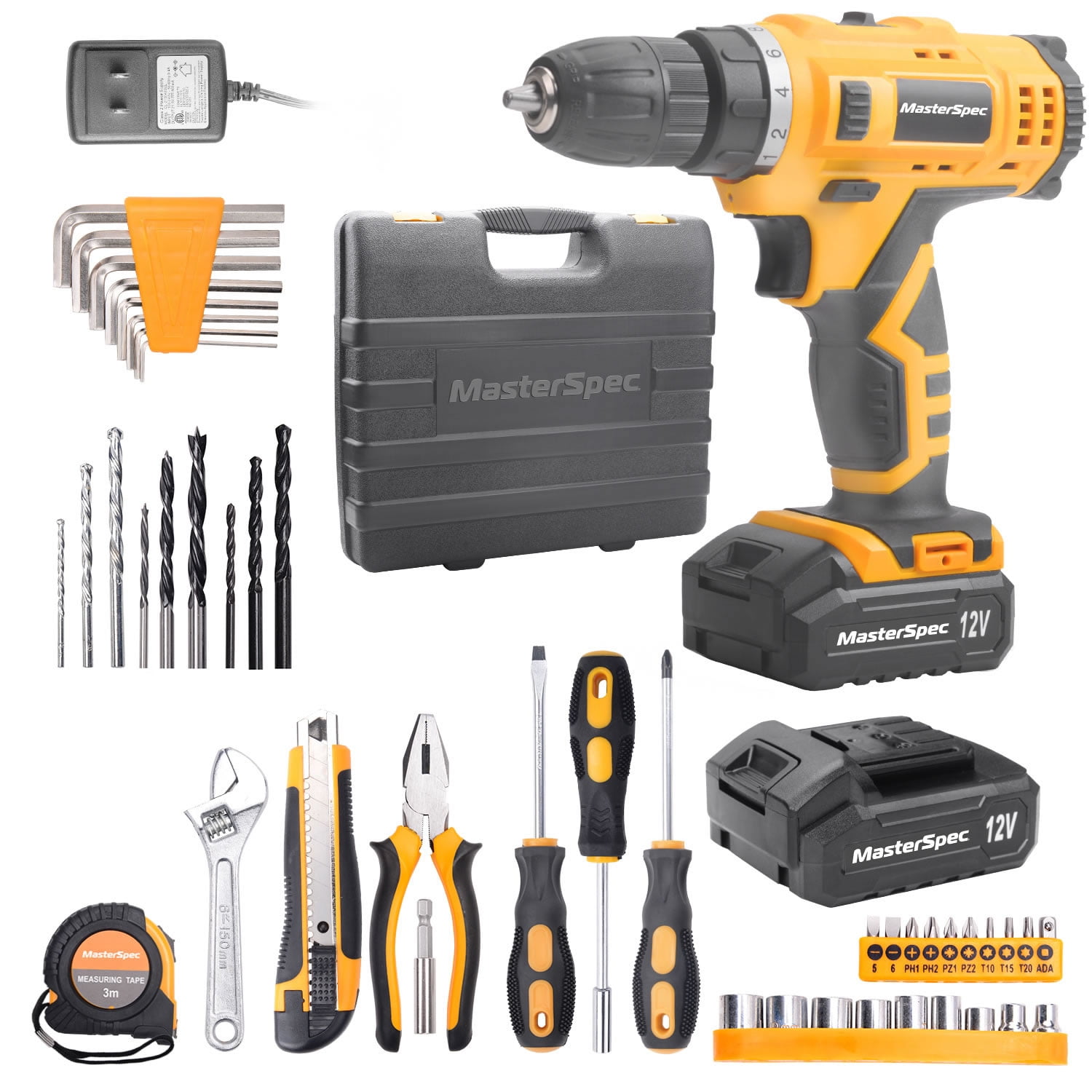 MasterSpec 12V Cordless Drill Driver Kit with 2 Batteries, 47PCS Household Hand Tools, 18+1 Settings for Complete DIY Home Repair and Furniture Assembly Projects