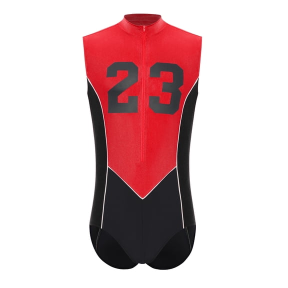 Sholeno Men's Sleeveless Front Zipper Athletic Leotard One Piece Wrestling Singlet Jumpsuit Swim Leotard Red Black L