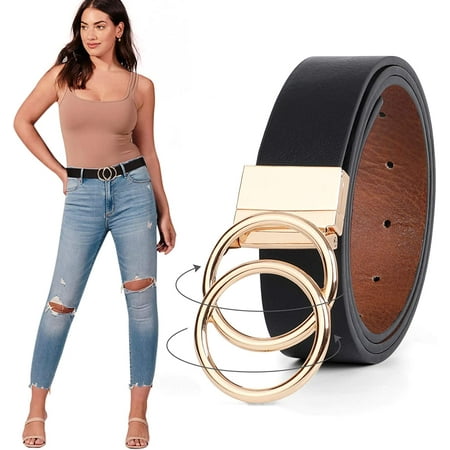 Women Leather Belt Reversible Belt Leather Waist Belt For Jeans Dress With Gold Double O Ring Rotate Buckle By Walmart Canada
