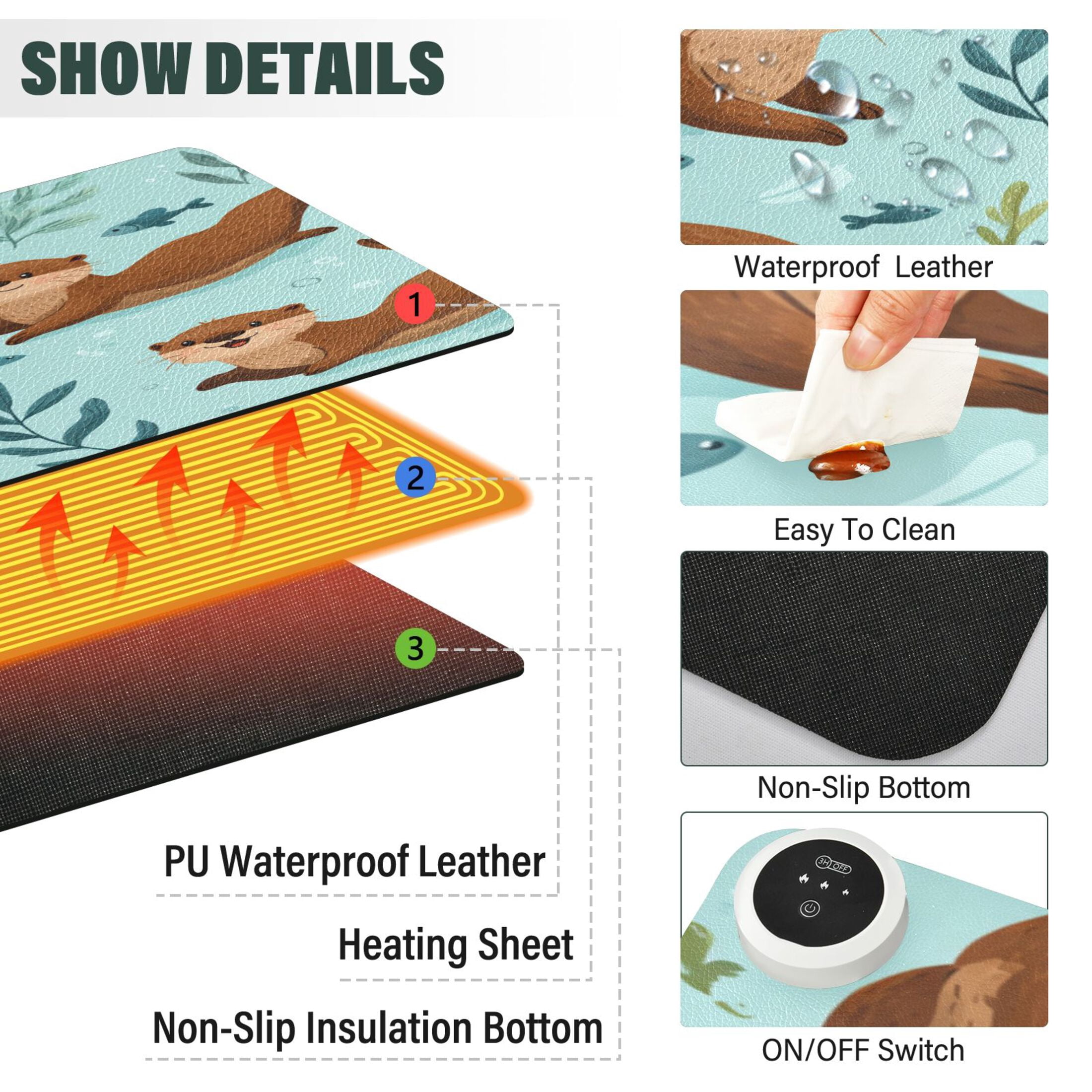 Large Heated Desk Mat Mouse Pad 31.5"x13"PU Leather Graphene Heating Desk Warmer with 3 Temperature Settings 110V US Plug Non-Slip Warm Pad for Home, Office, and Gaming Happy Otter Underwater Art