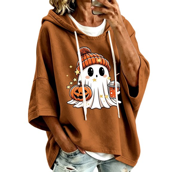 Halloween Womens Hoodies Casual Ghost Print 3/4 Sleeve Festive Party Pullover Sweatshirt Tops Fall Winter Warm Outfit Coffee L