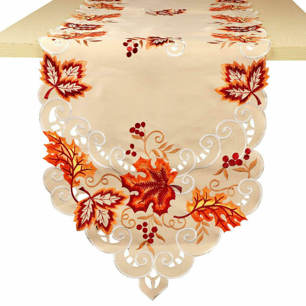 Coolmade 67 x 15 Inch Embroidered Maple Leaves Table Runner, Handmade Table Cover for Fall and Thanksgiving Party Decoration