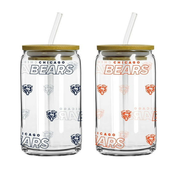 Logo Brands Chicago Bears 16oz. Step And Repeat Glass Can with Lid & Straw 2-Pack