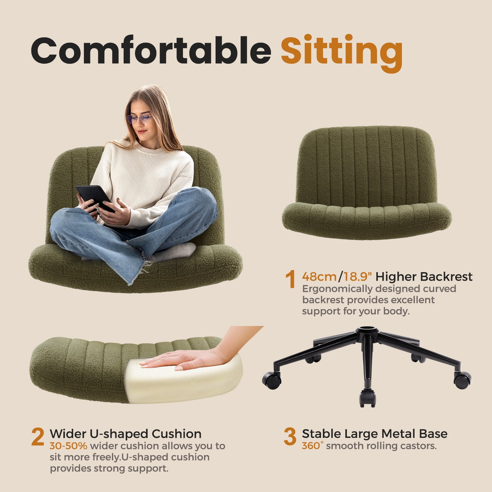 Soft Fabric Armless Wide Seat Office Chair,Criss Cross Legged Desk Chair with Wheels,Height Adjustable Computer Task Chair,Wide Seat Swivel Vanity Chair for Home,Office,Bedroom, Make Up