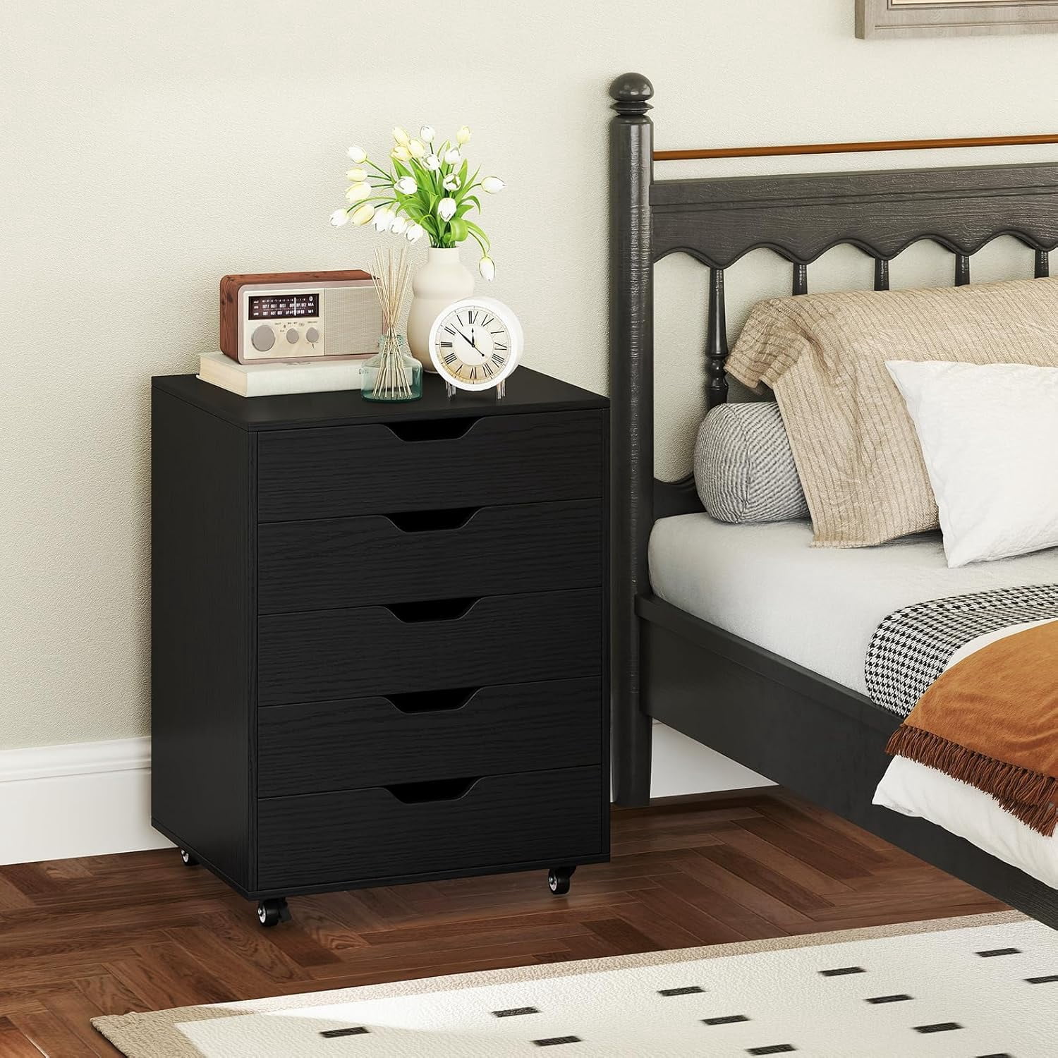 POWERSTONE 5 Drawers Chest Wood Storage Cabinets with Locking Wheels Filing Cabinet Under Desk Storage for Office Home, Black